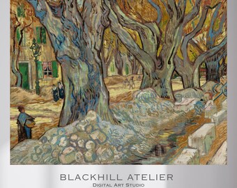Könnte beinhalten: Ein digitaler Kunstdruck eines Landschaftsgemäldes mit großen Bäumen mit strukturierter Rinde, einer Steinmauer und Figuren in der Ferne. Die Farbpalette umfasst Blau-, Grün- und Gelbtöne. Der Text "BLACKHILL ATELIER DIGITAL ART STUDIO" befindet sich unten.