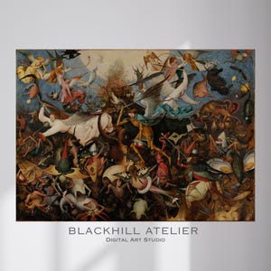 May include: A framed print of a detailed, historical painting depicting a chaotic battle scene with figures in various costumes and angels. The artwork features a mix of warm and cool colors, with the text "BLACKHILL ATELIER" and "DIGITAL ART STUDIO" at the bottom.