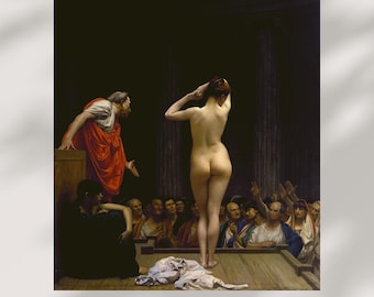 Può includere: Una stampa d'arte digitale di un dipinto classico raffigurante una figura nuda di fronte a un pubblico. Un uomo in una veste rossa gesticola. L'opera d'arte è ambientata in un interno scuro e classico. Il testo "BLACKHILL ATELIER DIGITAL ART STUDIO" è in basso.