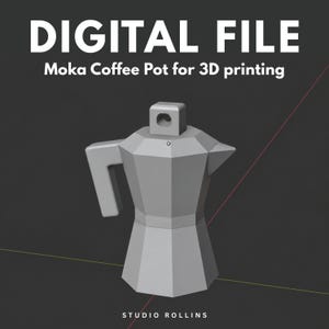 Może przedstawiać: Szary cyfrowy model 3D kawiarki typu Moka o fasetowanym geometrycznym wzorze, z uchwytem i dzióbkiem. Tekst DIGITAL FILE Moka Coffee Pot for 3D printing oraz STUDIO ROLLINS jest wyświetlany na biało na ciemnoszarym tle.
