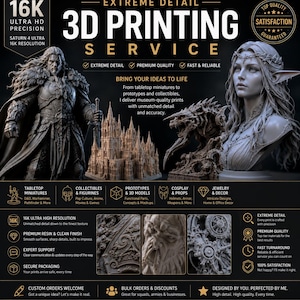May include: A 3D printing service advertisement featuring high-resolution resin models including a warrior, a castle, a creature, and an elf bust. The text highlights 16K ultra HD precision, premium quality, and services for miniatures, prototypes, and props.