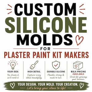 May include: A graphic advertisement for custom silicone molds for plaster paint kit makers. The text reads: CUSTOM SILICONE MOLDS FOR PLASTER PAINT KIT MAKERS. Icons include a lightbulb, paintbrush, shield, and box, each with a heart symbol.