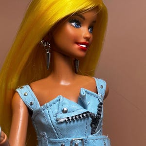 OOAK Fashion Doll: Rerooted Yellow Nylon Hair, Repainted Face, Blue Dress