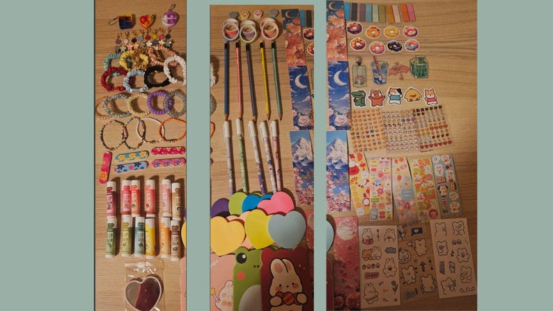 May include: A collection of colorful stationery and accessories, including bracelets, lip balms, pencils, stickers, and sticky notes. The items are arranged on a wooden surface, showcasing a variety of designs and patterns.