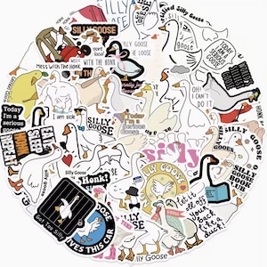 May include: A circular assortment of fun stickers with cartoon geese in different situations. The stickers have phrases such as "Silly Goose," "Honk," and "Today I'm a Serious Goose." The designs are in black, white, yellow, and pink.