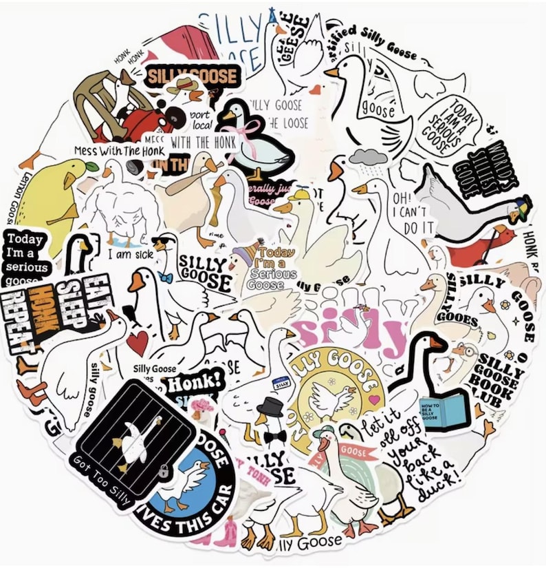 May include: A circular assortment of fun stickers with cartoon geese in different situations. The stickers have phrases such as "Silly Goose," "Honk," and "Today I'm a Serious Goose." The designs are in black, white, yellow, and pink.