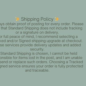 May include: Text on a sage green background reads "Shipping Policy." The text explains shipping options, including tracked and signed services for added security and delivery updates. The Yarn and Paper Co. logo is in the bottom right.