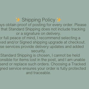 May include: Text on a sage green background reads "Shipping Policy." The text explains the shipping process, including proof of posting, tracking, and security options. The Yarn and Paper Co. logo is in the bottom right corner.