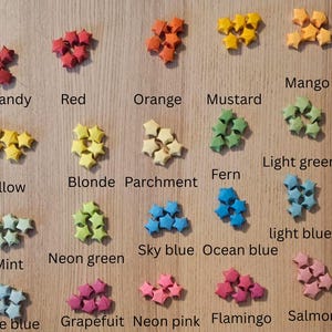 May include: A collection of colorful, star-shaped origami paper. Colors include burgundy, red, orange, mustard, mango, yellow, blonde, parchment, fern, light green, mint, neon green, sky blue, ocean blue, light blue, pale blue, grapefruit, neon pink, flamingo, and salmon.