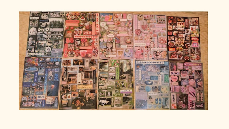 May include: A collection of decorative sticker sheets with various themes. Each sheet is filled with colorful stickers featuring food, landscapes, and Japanese text. The stickers are arranged in a collage style, with a mix of images and text.