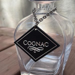 Leather Decanter Tags | Full Grain Thick Black Leather on Metal Chain | Foil Stamped | 9 options Whiskey, Tequila, Vodka, Cognac