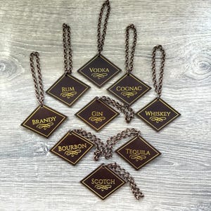 Leather Alcohol Decanter Tags Full Set of 9 Liquor Types | Full Grain Thick on Metal Chain, Heat Stamped | Rustic Man Cave Style | 4 Colors