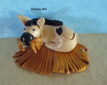 Joyful Nativity Set - BEIGE DONKEY figure sculpture eating hay, width of hay 3.5", width of donkey 2.5", Free shipping