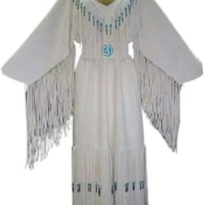 Woman&#39;s White Leather Beaded Long Fringes Wedding Dress Powwow Regalia