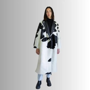 Black & White Cowhide Trench Coat | Hair On Cowhide Leather Coat | Cowhide Raglan Coat for Women | Western Cow Skin Coat | Custom Coat