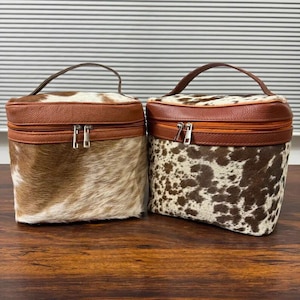 Cowhide Makeup Bag Hair on Cowhide Bag Leather Cowhide Vanity Box Brown & White Handmade Makeup Box for Her Bridal Shower Marriage Gift Bag