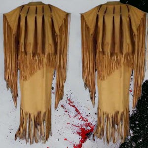 Women&#39;s Tan Leather Long Fringes Wedding Dress Powwow Regalia