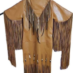 Women Tan leather long fringes powwow Regalia Wedding dress
