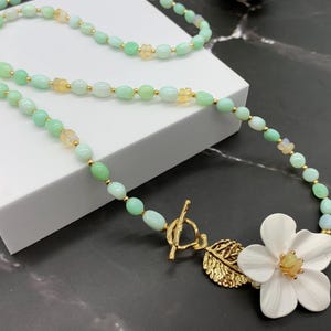 African Opal Beaded Choker, Pastel Mint, 18k Gold Plated, Floral Clasp Necklace