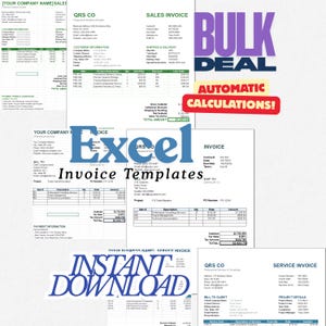 May include: A collection of Excel invoice templates, featuring various layouts and designs. The image includes text overlays such as "Bulk Deal," "Automatic Calculations," and "Instant Download," suggesting a digital product for business use.