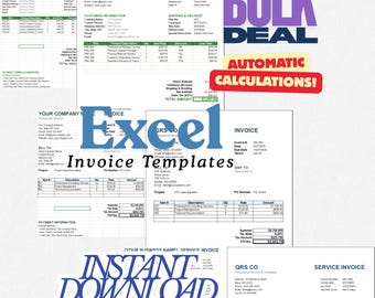 May include: A collection of Excel invoice templates, featuring various layouts and designs. The image includes text overlays such as "Bulk Deal," "Automatic Calculations," and "Instant Download," suggesting a digital product for business use.