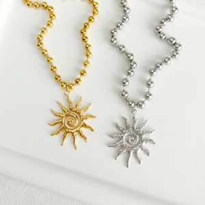 Sun Charm Necklace, Gold Silver Sunburst Spiral Necklace, Big Sunny Pendant, Celestial Hammered Charm Necklace, Waterproof Sunshine Pendant