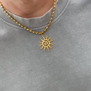 swirly sun pendant necklace for her, large sun charm necklace, waterproof gold sunny pendant, big celestial hammered charm, spiral summer