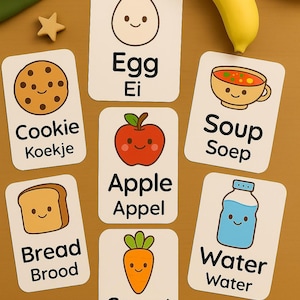 Schede didattiche sul cibo olandese e inglese – schede di apprendimento bilingue stampabili per bambini piccoli – set di PDF educativi
