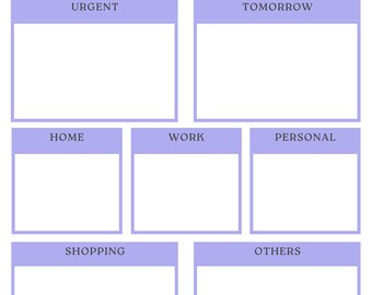 Peut inclure: Bloc-notes « Brain Dump » avec des sections pour Urgent, Demain, Maison, Travail, Personnel, Shopping, Autres et Notes. L'en-tête et les titres de section sont violets clairs, avec un fond blanc. URL de la boutique Etsy en bas.