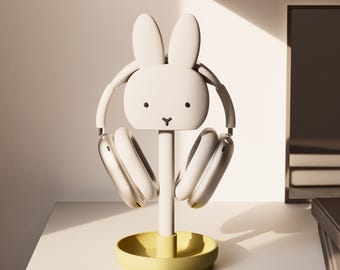 Bunny Headphone Stand For Home Office Desk Setup Table Organizer Cute Jewelry Holder Dish Trinket Tray Cozy Gift for Her Aesthetic Decor