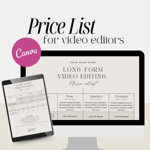 Modelo de lista de preços para edição de vídeos do YouTube | Planilha de preços editável do Canva | Tabela de preços do editor de UGC | Guia de preços de serviços de edição de vídeo