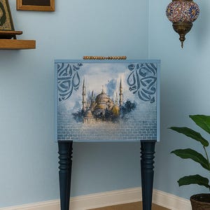 Prayer Stand, Decoupage art, Handmade Prayer Mat Storage, Calligraphy art, Muslim Gift, Vintage, Home Decor, Customised, Wooden, Mosque art