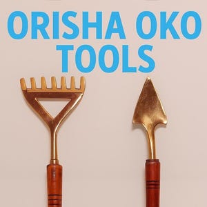 Orisha Oko Miniature Tools | Brass Shovel and Rake 10&quot;  Yoruba Lucumí Orisha of Farming, Fertility, Agriculture oricha ifa teja herramientas