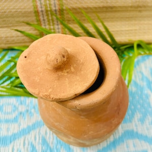 May include: A small, unglazed terracotta pot with a matching lid. The lid is slightly ajar, revealing the interior. The pot is a warm, earthy brown color, and the background includes green leaves and a blue and white patterned fabric.