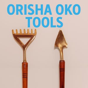 Orisha Oko Miniature Tools | Brass Shovel and Rake 10&quot;  Yoruba Lucumí Orisha of Farming, Fertility, Agriculture oricha ifa teja herramientas