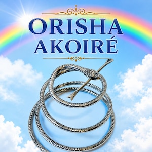 May include: A silver-toned metal snake-shaped coil accessory featuring a textured scale pattern and a pointed pin-like attachment. The text ORISHA AKOIRÉ is displayed in dark blue letters against a background of a bright rainbow and clouds.