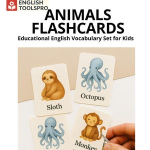 Flashcards de animais para impressão em inglês – Conjunto de vocabulário educacional para crianças e alunos de inglês como segunda língua