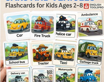 Cars and Vehicles-flashcards voor kinderen – educatieve afdrukbare set van 12 | Leermiddelen voor kleuters en voortijdig schoolverlaten (2-8 jaar)