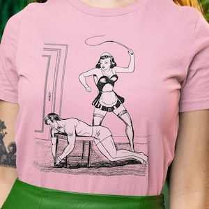 Retro Femdom French Maid Whipping Man Pop Cotton Unisex Tee T-Shirt
