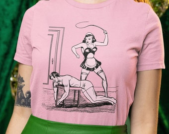 Retro Femdom French Maid Whipping Man Pop Cotton Unisex Tee T-Shirt