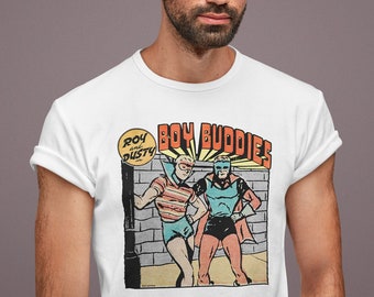 Vintage Boy Buddies Superheroes Comics Gay Duo Pop Cotton Unisex Tee T-Shirt