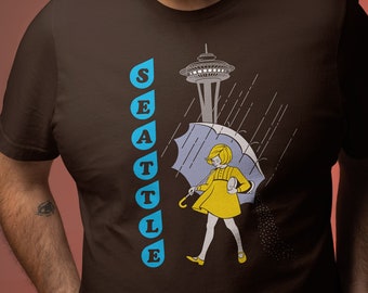 Retro Style Rain Theme Seattle with Space Needle Pop Cotton Unisex Tee T-Shirt