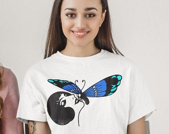 Vintage Art Nouveau Lady With Butterfly Nature Lover Pop Cotton Unisex Tee T-Shirt