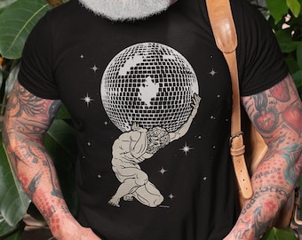 Funny Parody Atlas Holding Disco Ball Greek Mythology God Pop Cotton Unisex Tee T-Shirt