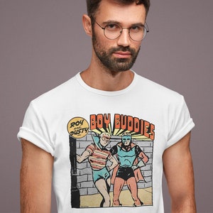 Vintage Boy Buddies Superheroes Comics Gay Duo Pop Cotton Unisex Tee T-Shirt