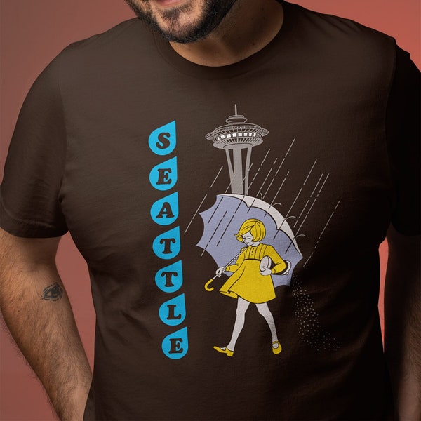 Retro Style Rain Theme Seattle with Space Needle Pop Cotton Unisex Tee T-Shirt