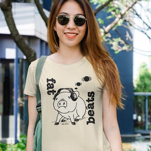 Fat Beats Pig With Headphones EDM Techno Music Lover Pop Cotton Unisex Tee T-Shirt