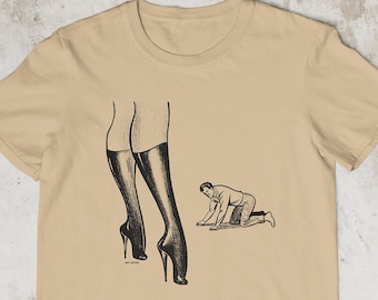 Retro Femdom Dominatrix With Kneeling Captive Male Pop Cotton Unisex Tee T-Shirt