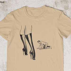 Retro Femdom Dominatrix With Kneeling Captive Male Pop Cotton Unisex Tee T-Shirt