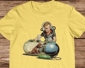 1950s Space Dog Science Fiction Retro Futurism Space Age Pop Cotton Unisex Tee T-Shirt